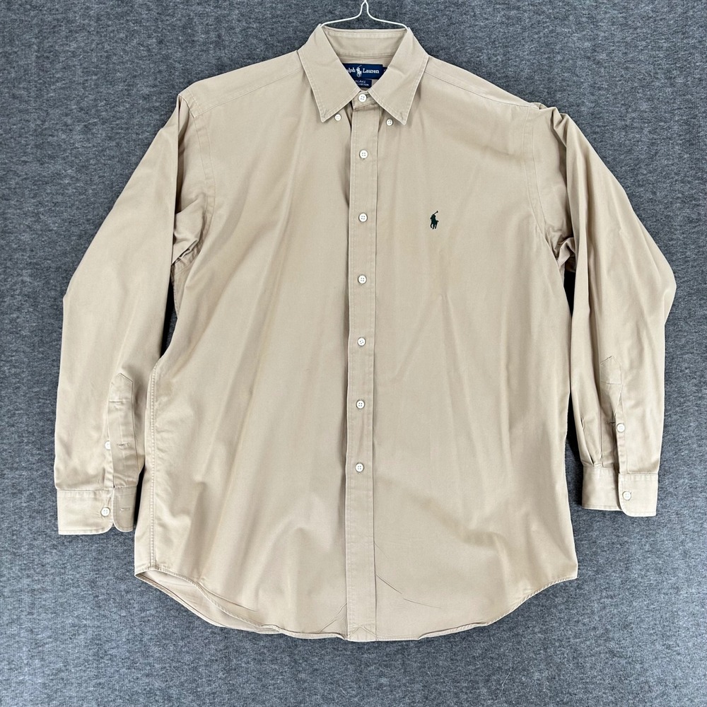 VTG Polo Ralph Lauren Blake Oxford Shirt Men Medium Tan Khaki Cotton Button Down